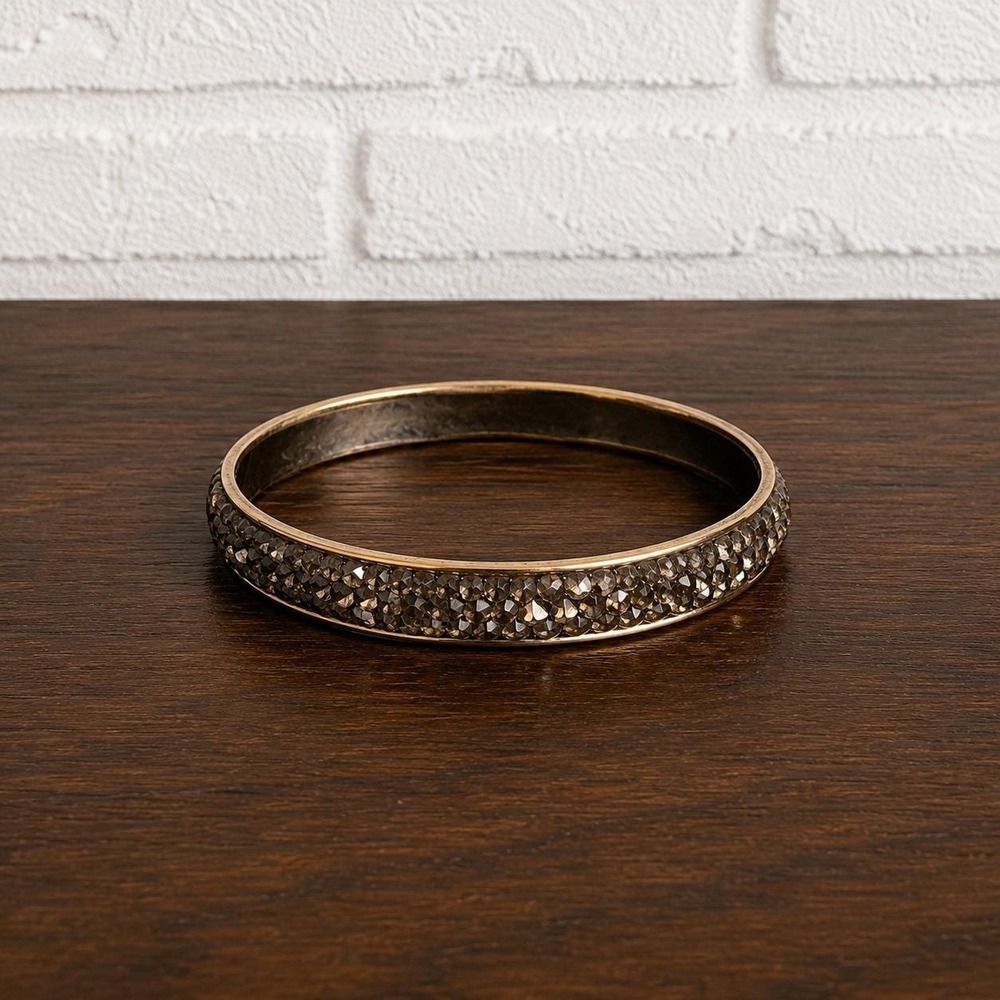 Vintage Rhinestone Bangle Bracelet - Pave Crystal Gold Tone Solid Cuff